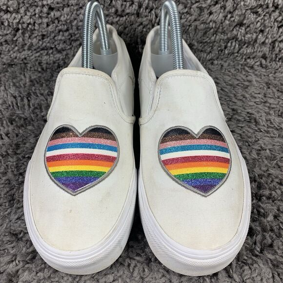 Women's VANS Asher Rainbow Glitter Heart White Slip-On Shoes Size 7.5 Pride - Picture 1 of 8